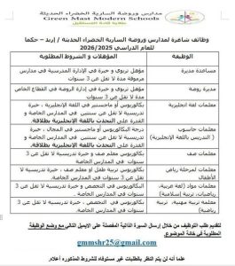  مدارس وروضة السارية الخضراء الحديثة تفتح باب التقديم لشغل عدد من الوظائف التعليمية والإدارية في الأردن
